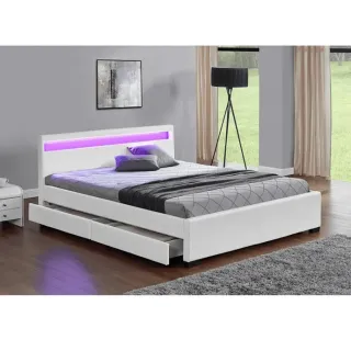 Manželská posteľ CLARETA s RGB LED osvetlením ekokoža biela 180x200 cm